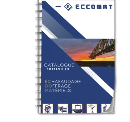 Catalogue d'Eccomat, édition 5, sur l'échafaudage et le coffrage, avec une image de grue en fond.