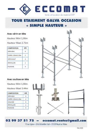 Tour d'étaiement - OCCASION Équipement de chantier : tour d'étaiement en métal galva, détails techniques et contact.