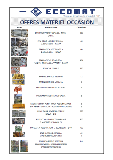OFFRE MATÉRIEL - OCCASION Liste d'offres de matériel d'occasion avec descriptions et quantité.