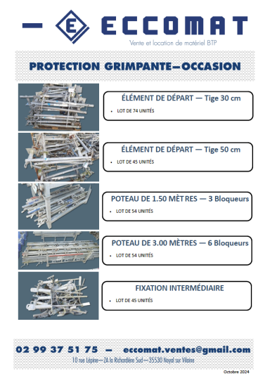 Protection grimpante - OCCASION Équipement de protection grimpant à vendre, avec descriptions et dimensions.